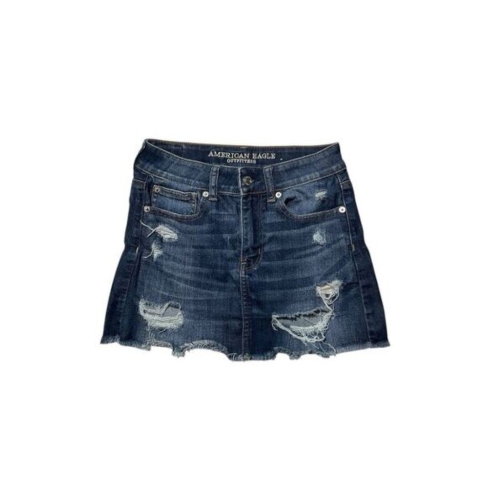 American Eagle Distressed Denim Mini Skirt Women's Size 2 Y2K Grunge - Picture 2 of 6